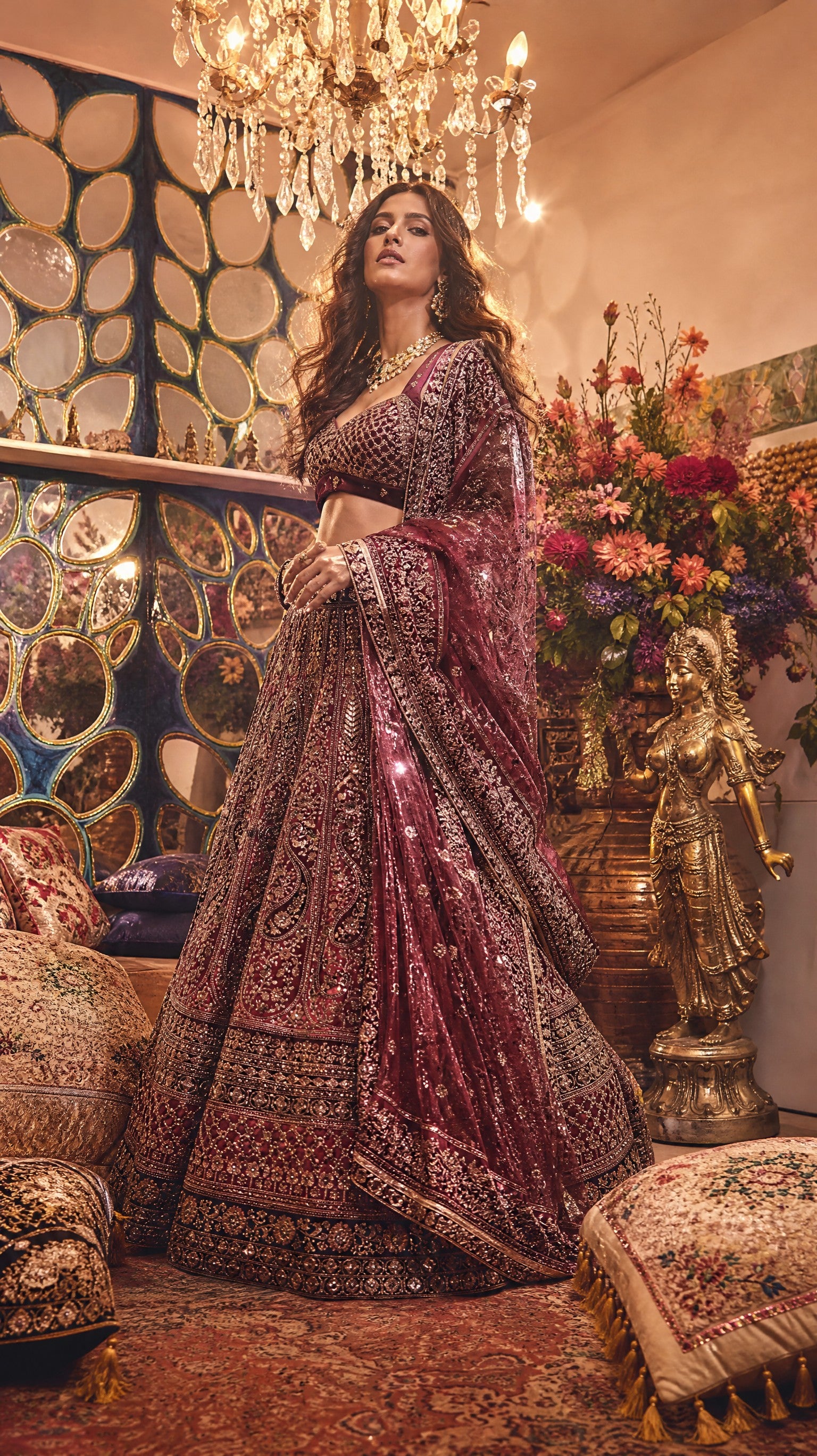 Dark Pink Stone worked heavy Velvet Lehenga